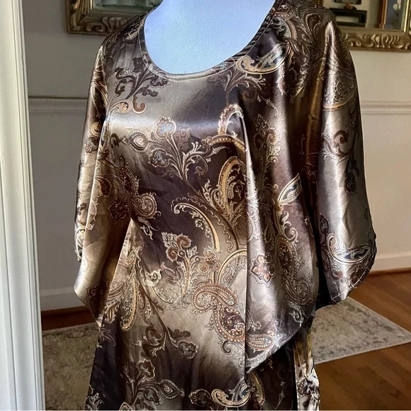 Vintage Gold 60s 70s silky Paisley Kaftan Mini butterfly Dress Angel Sleeves - Picture 10 of 16